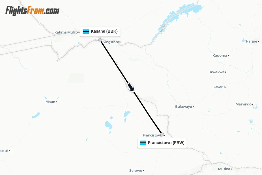 Flights from Kasane to Francistown route map
