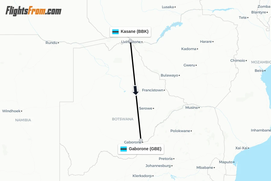 Flights from Kasane to Gaborone route map
