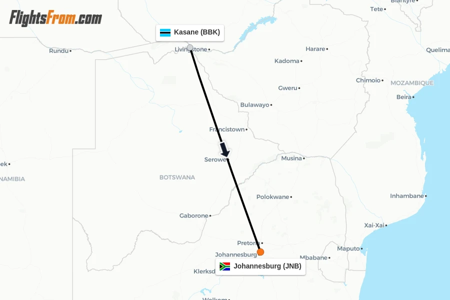 Flights from Kasane to Johannesburg route map