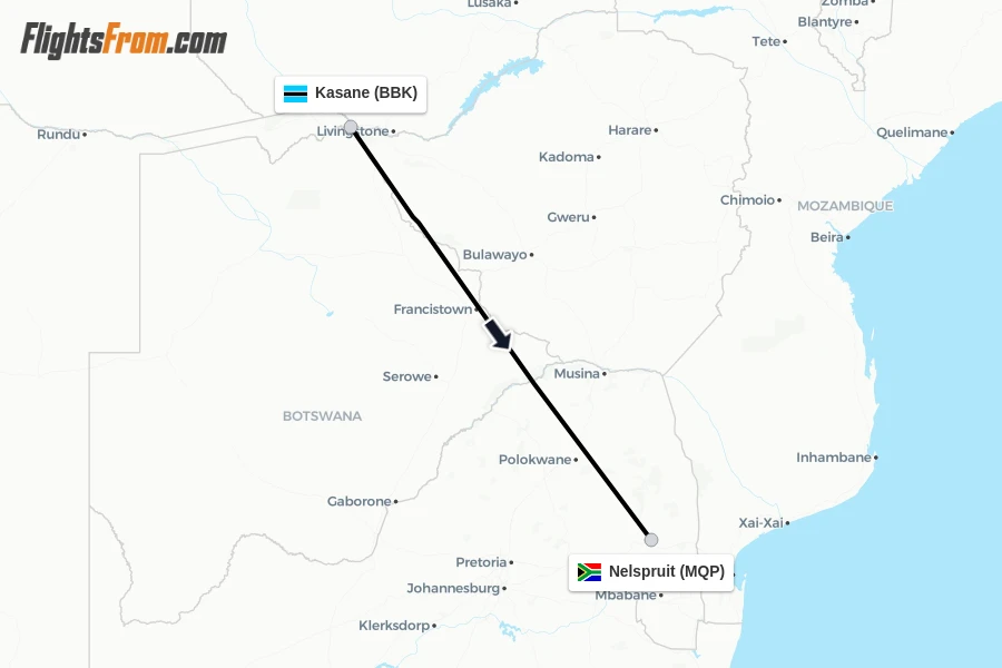 Flights from Kasane to Nelspruit route map