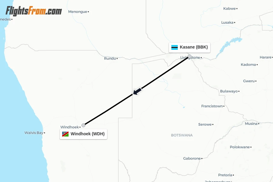 Flights from Kasane to Windhoek route map