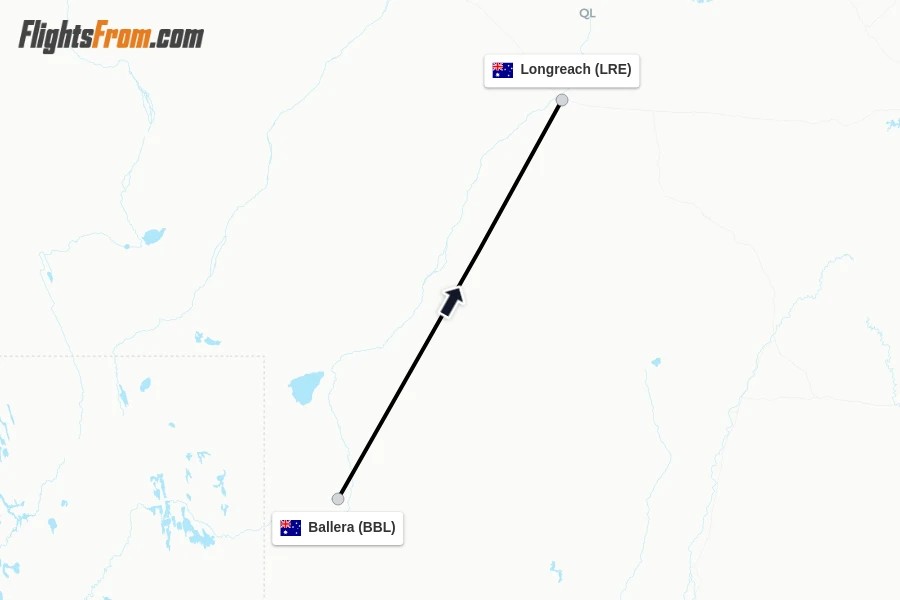 Flights from Ballera to Longreach route map