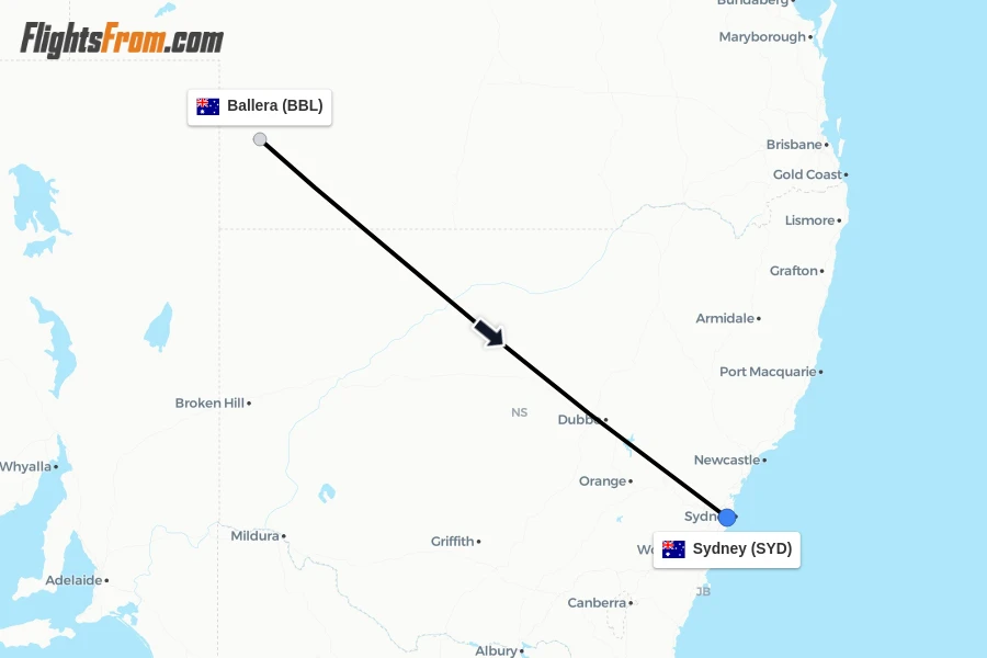 Flights from Ballera to Sydney route map