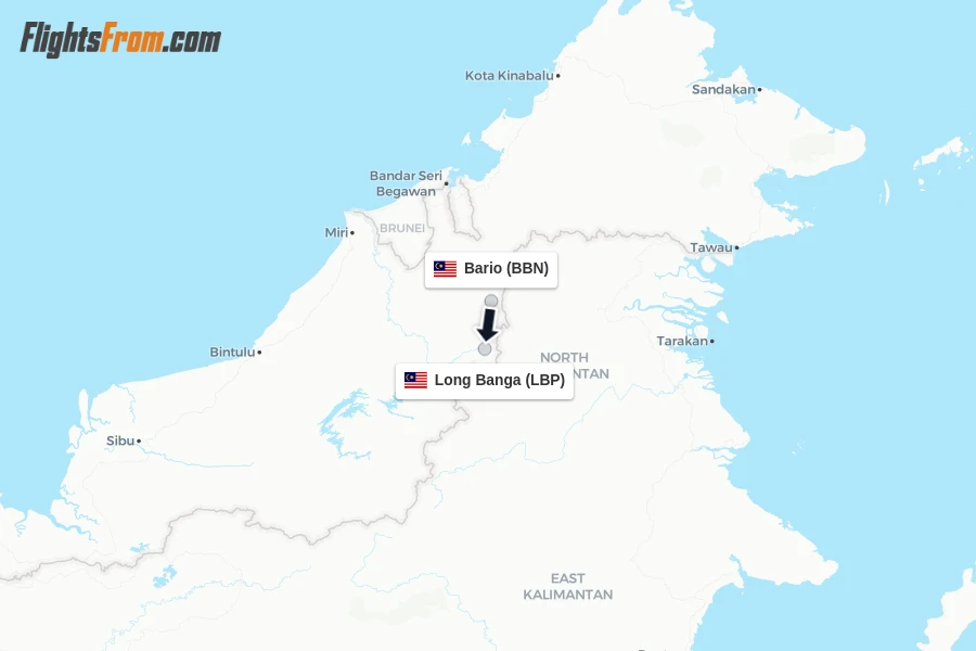 Flights from Bario to Long Banga route map