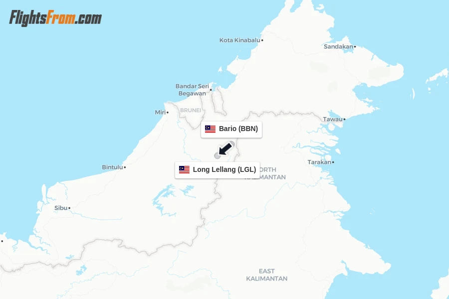 Flights from Bario to Long Lellang route map