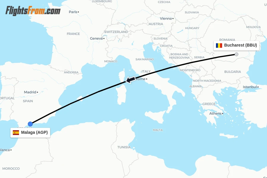 Flights from Bucharest to Malaga route map