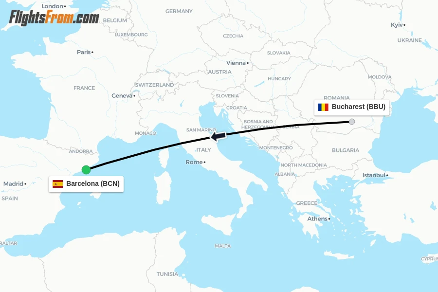 Flights from Bucharest to Barcelona route map