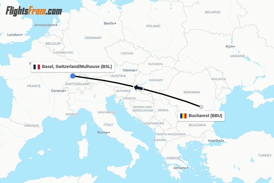 Flights from Bucharest to Basel, Switzerland/Mulhouse route map
