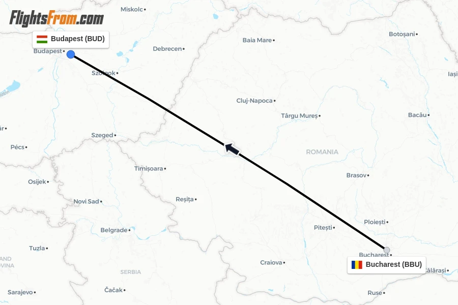 Flights from Bucharest to Budapest route map