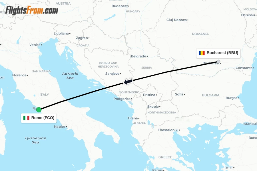 Flights from Bucharest to Rome route map