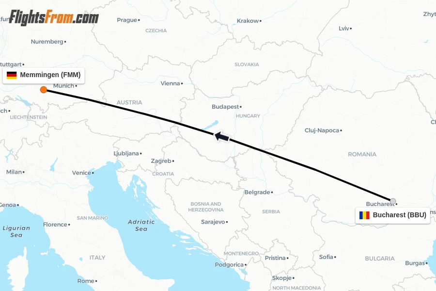 Flights from Bucharest to Memmingen route map