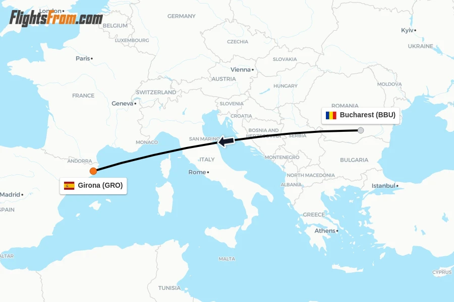 Flights from Bucharest to Girona route map
