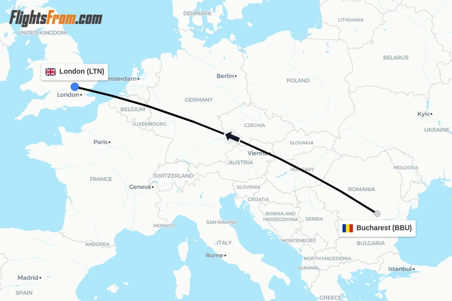 Flights from Bucharest to London route map