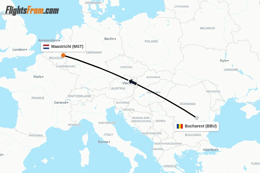 Flights from Bucharest to Maastricht route map
