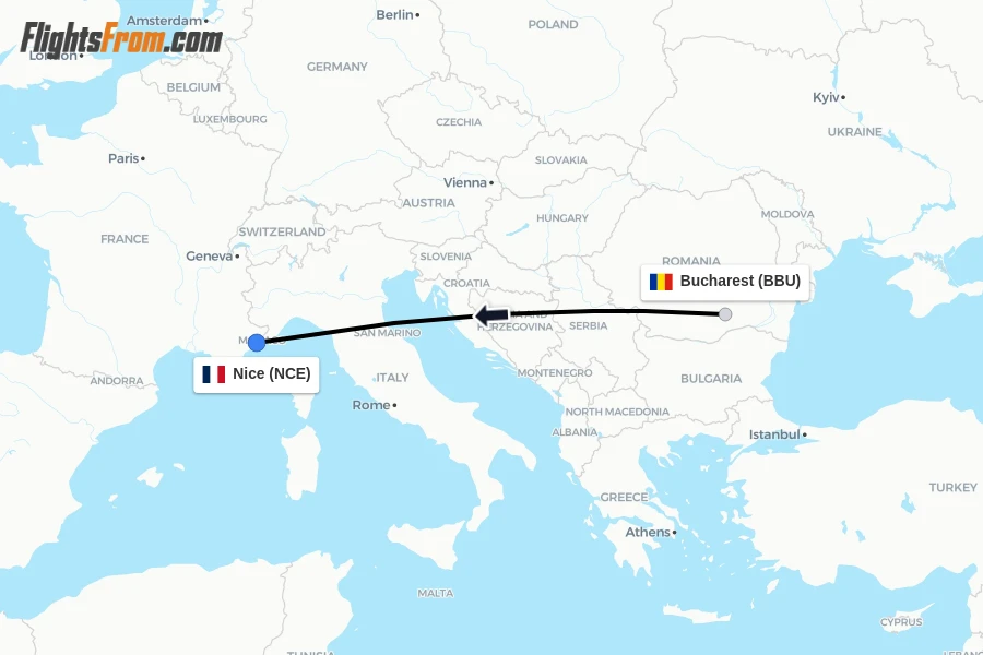 Flights from Bucharest to Nice route map