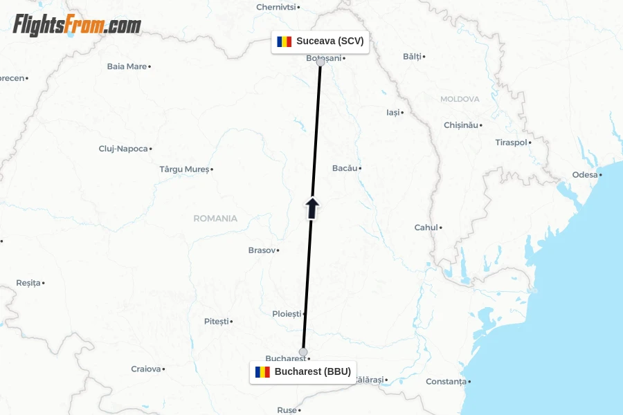 Flights from Bucharest to Suceava route map