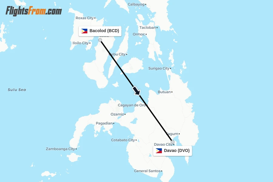 Flights from Bacolod to Davao route map
