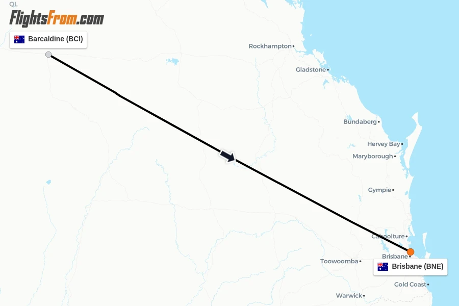 Flights from Barcaldine to Brisbane route map