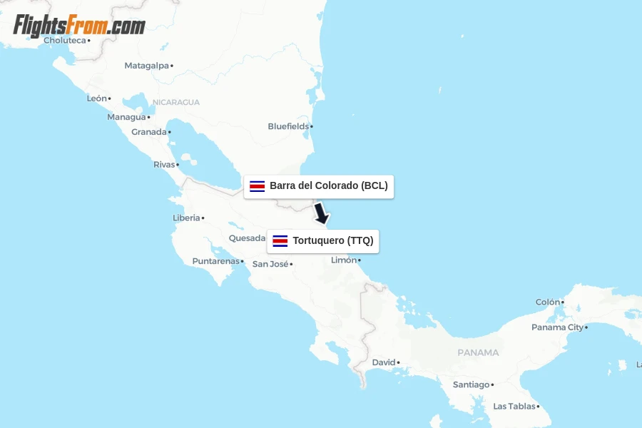 Flights from Barra del Colorado to Tortuquero route map