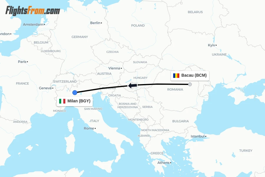 Flights from Bacau to Milan route map