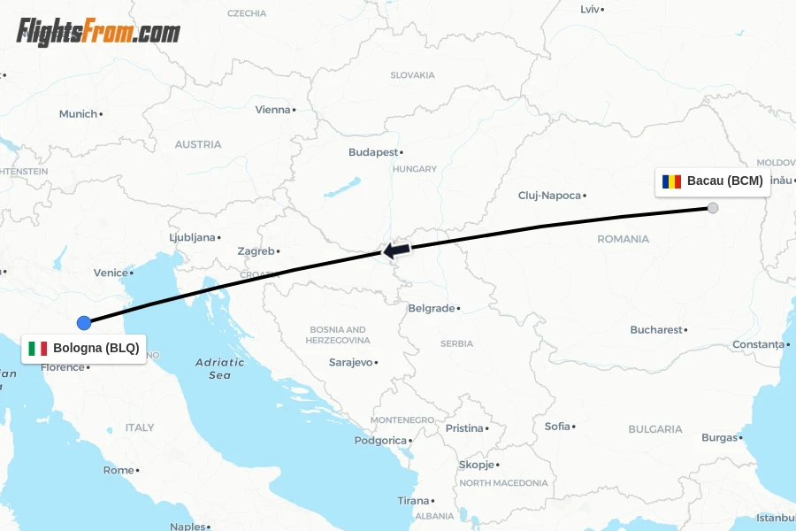 Flights from Bacau to Bologna route map