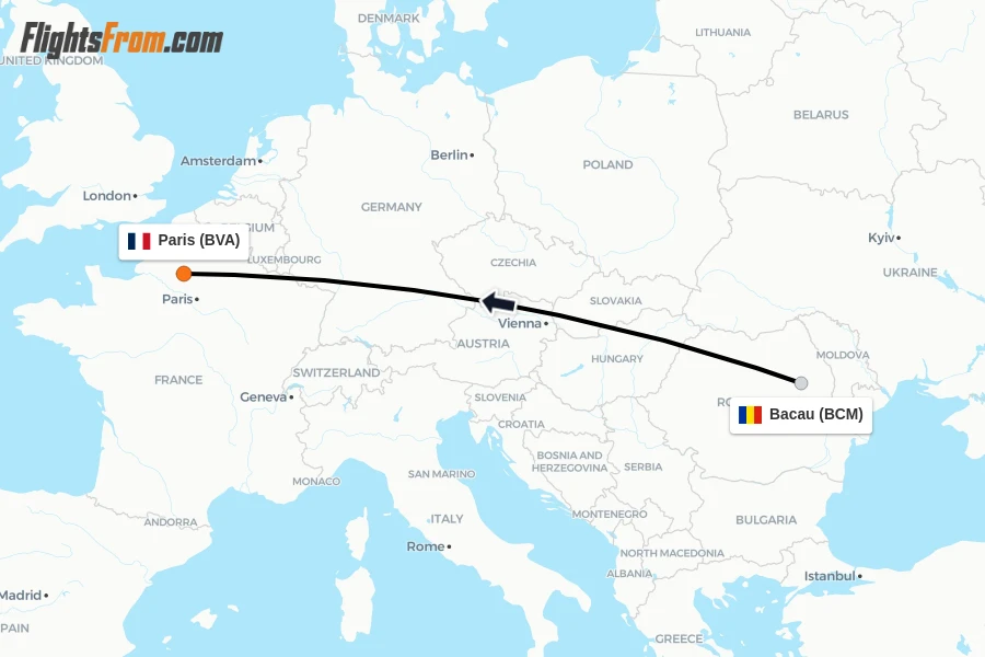 Flights from Bacau to Paris route map