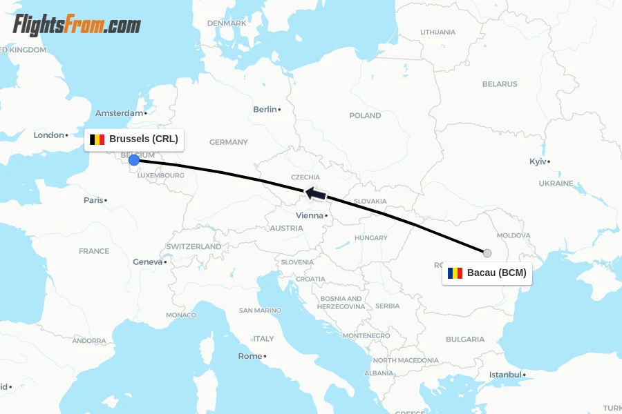Flights from Bacau to Brussels route map