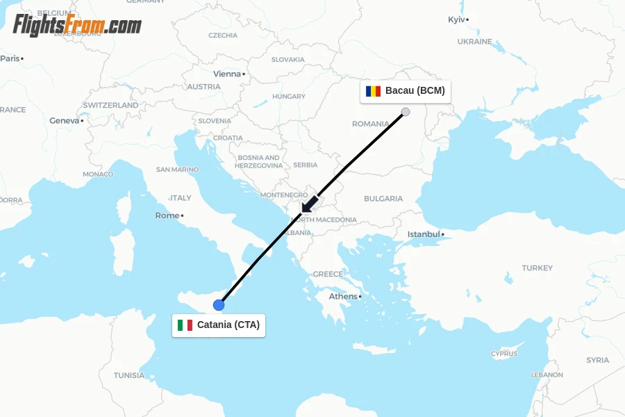 Flights from Bacau to Catania route map