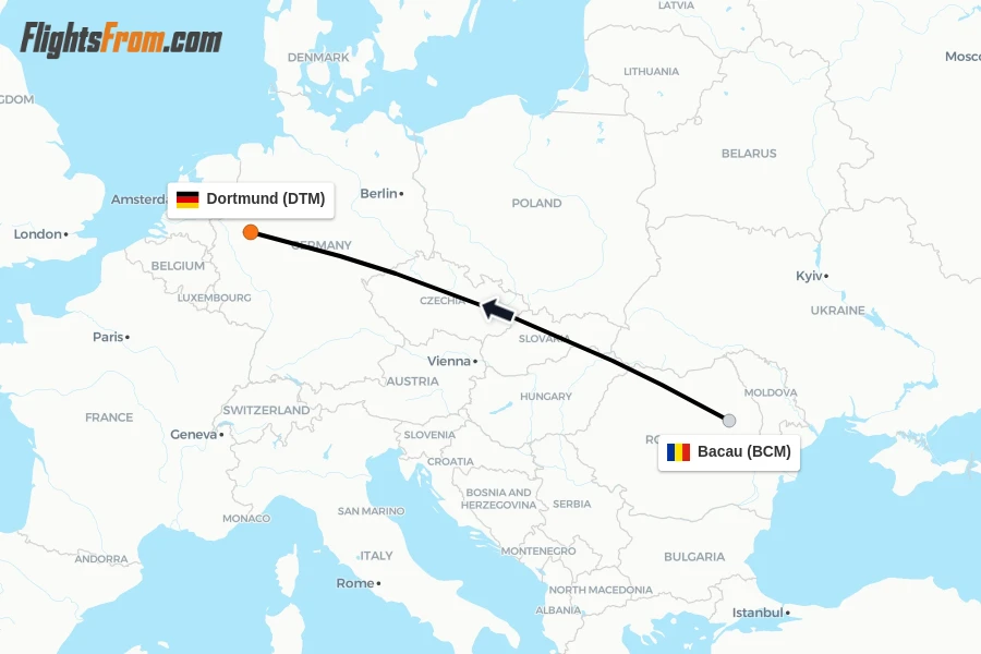 Flights from Bacau to Dortmund route map