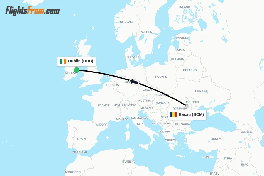 Flights from Bacau to Dublin route map