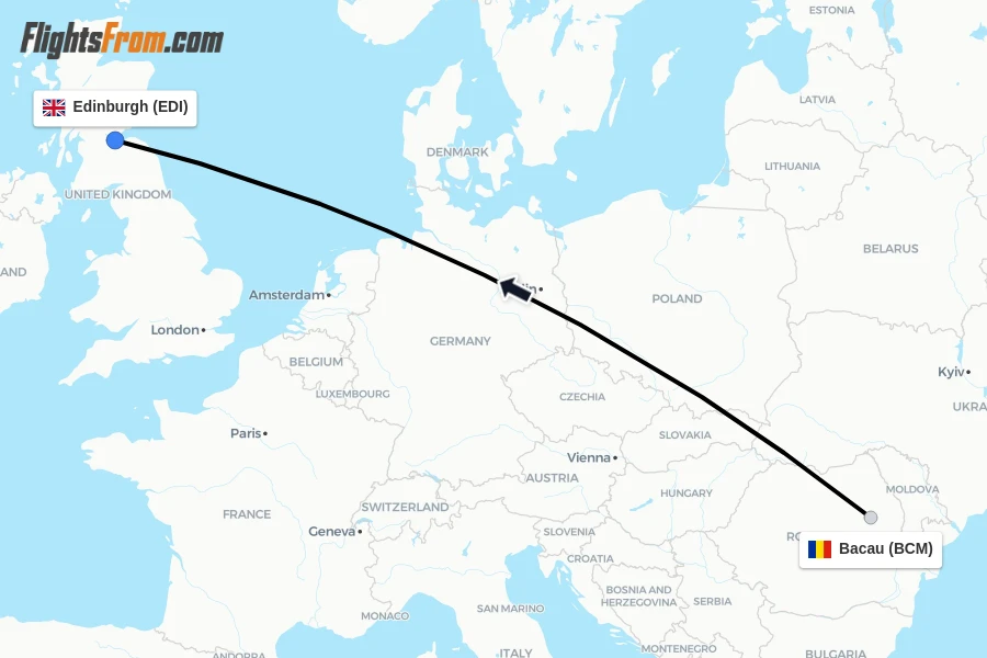 Flights from Bacau to Edinburgh route map