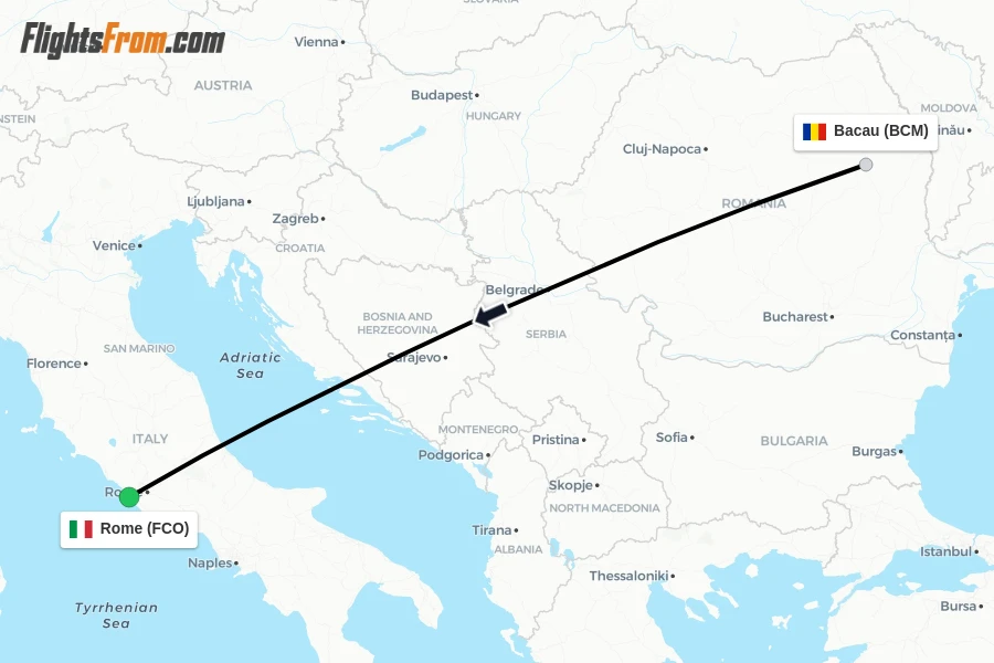 Flights from Bacau to Rome route map