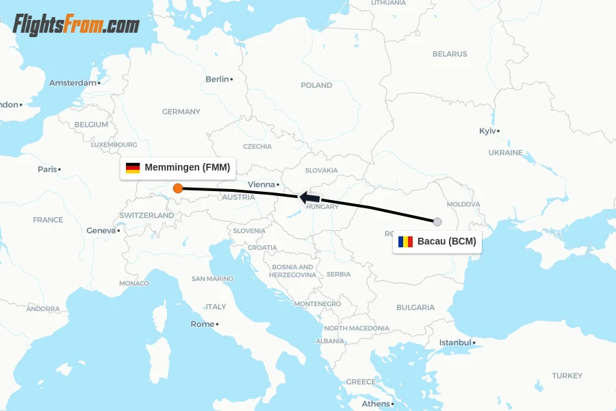 Flights from Bacau to Memmingen route map