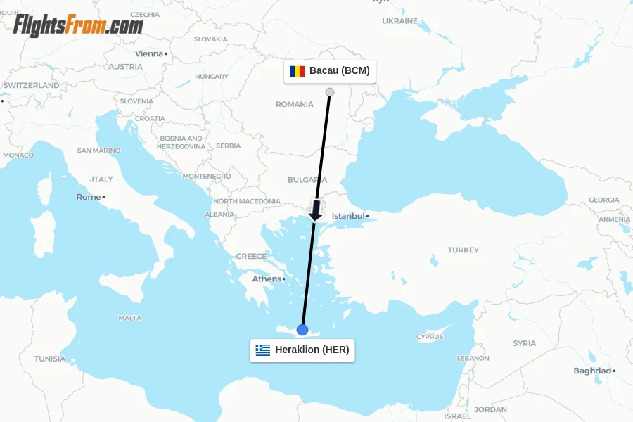 Flights from Bacau to Heraklion route map