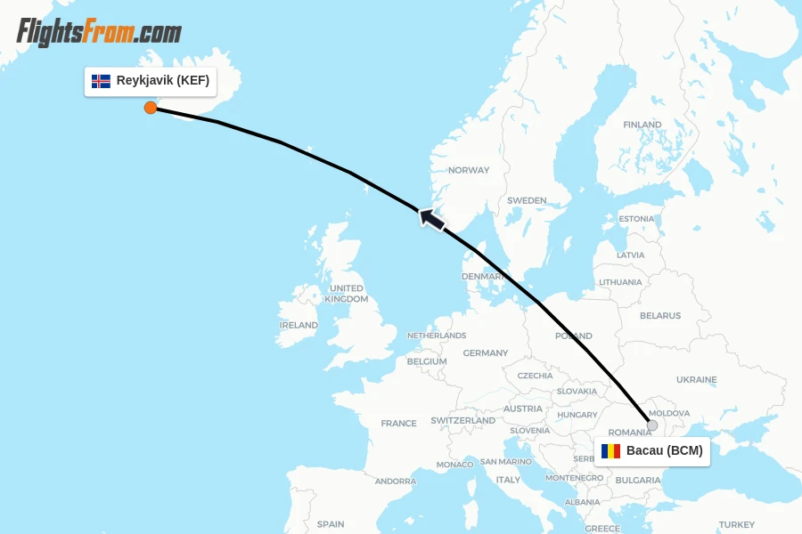 Flights from Bacau to Reykjavik route map