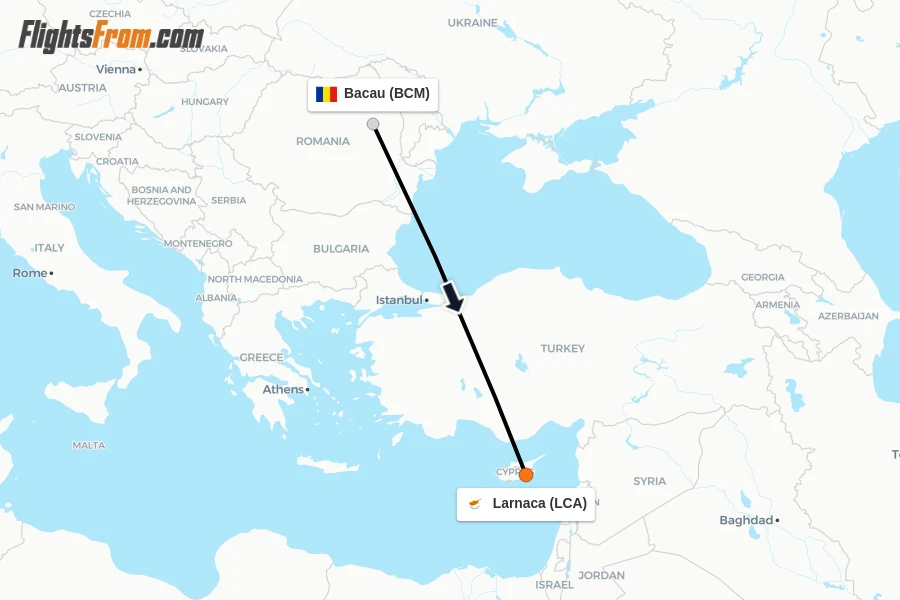 Flights from Bacau to Larnaca route map