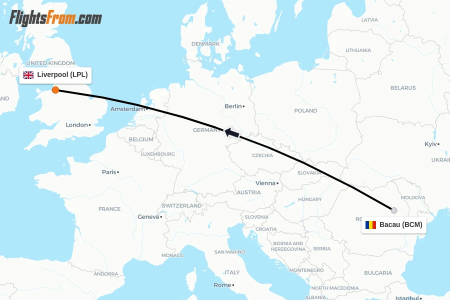 Flights from Bacau to Liverpool route map