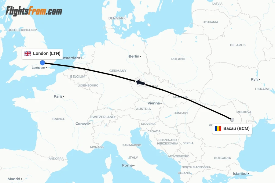 Flights from Bacau to London route map