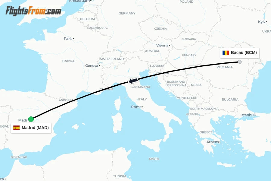 Flights from Bacau to Madrid route map