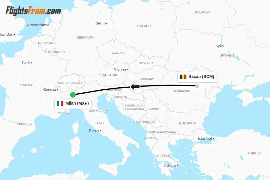 Flights from Bacau to Milan route map