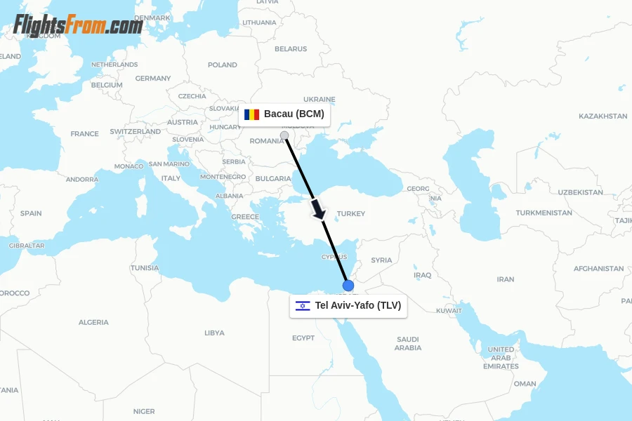 Flights from Bacau to Tel Aviv-Yafo route map