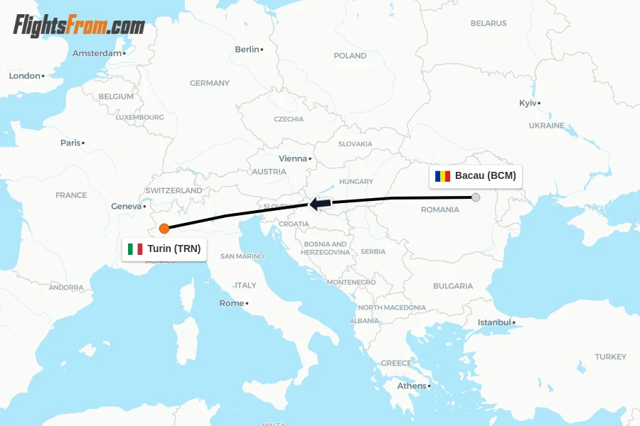 Flights from Bacau to Turin route map