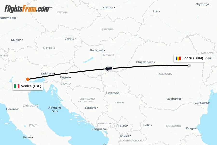 Flights from Bacau to Venice route map