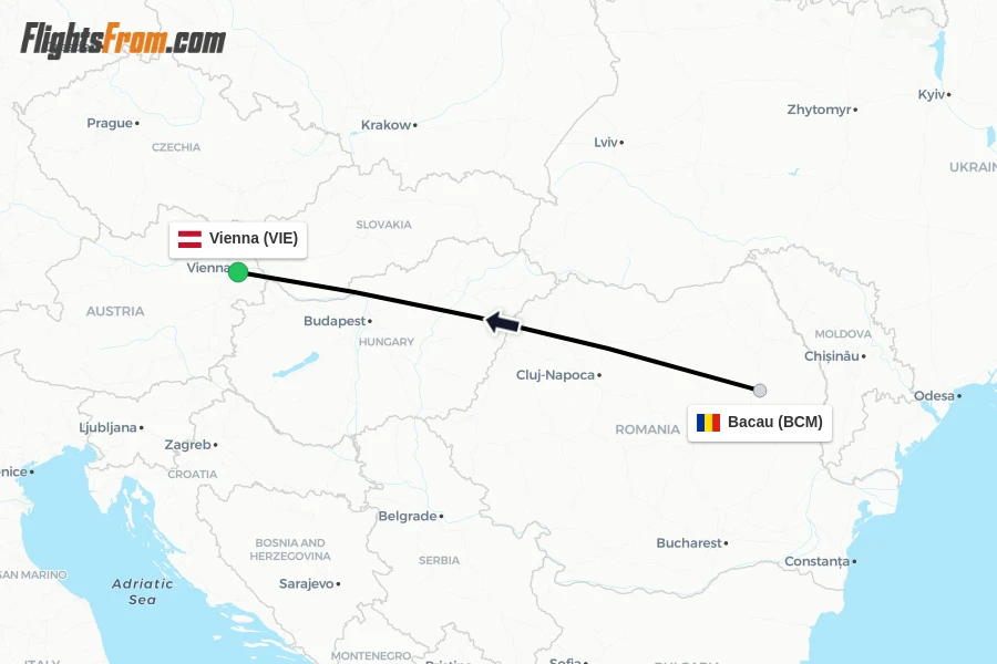 Flights from Bacau to Vienna route map