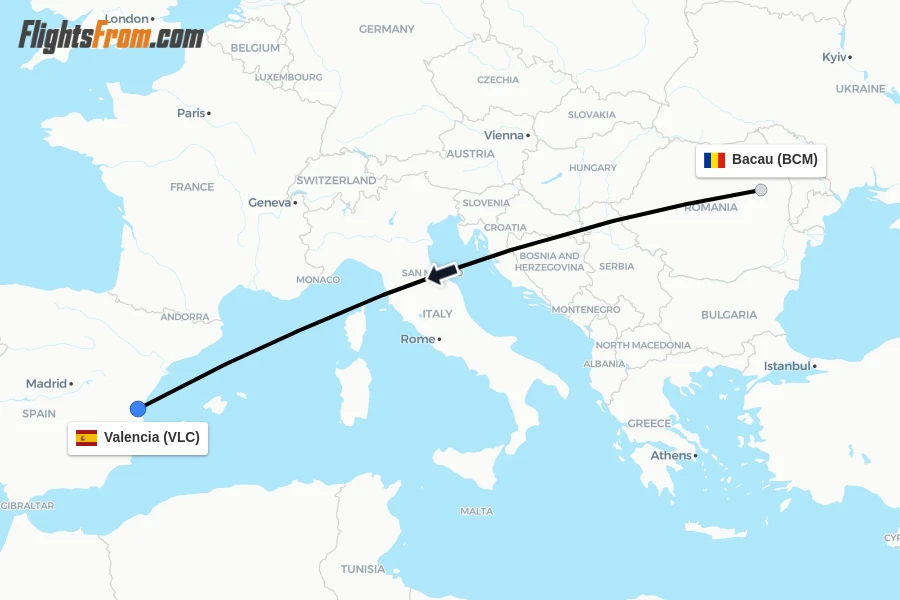 Flights from Bacau to Valencia route map