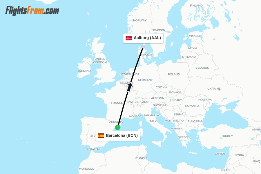 Flights from Barcelona to Aalborg route map