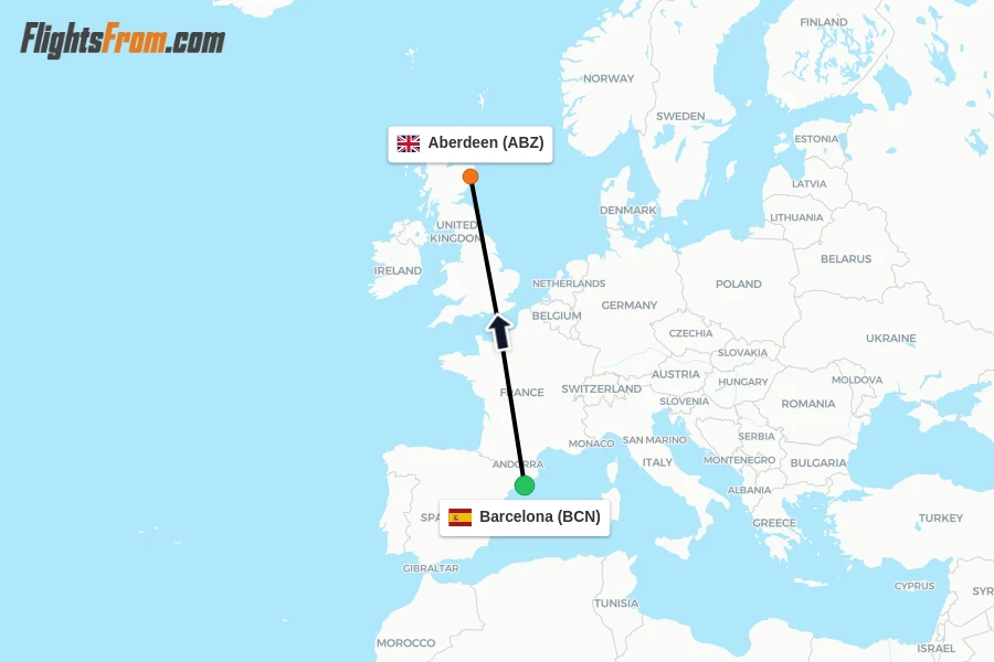 Flights from Barcelona to Aberdeen route map
