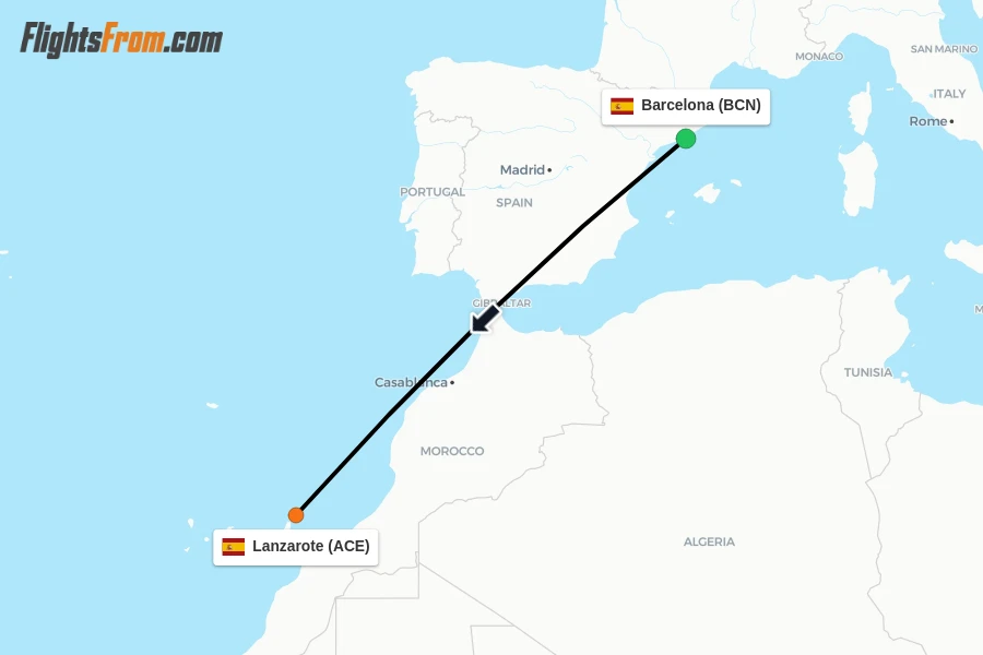 Flights from Barcelona to Lanzarote route map