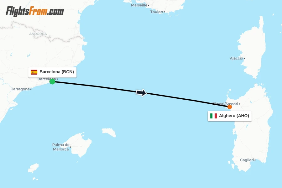 Flights from Barcelona to Alghero route map