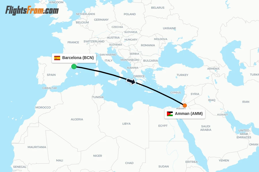 Flights from Barcelona to Amman route map